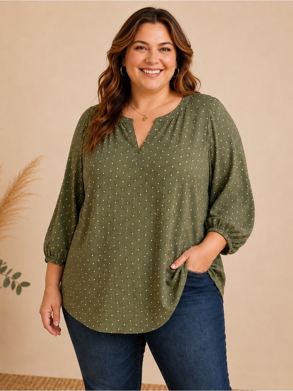 Croft & Barrow Women’s Tunic Blouse 2X Green Dot Split Neck 3/4 Sleeve Boho NWT